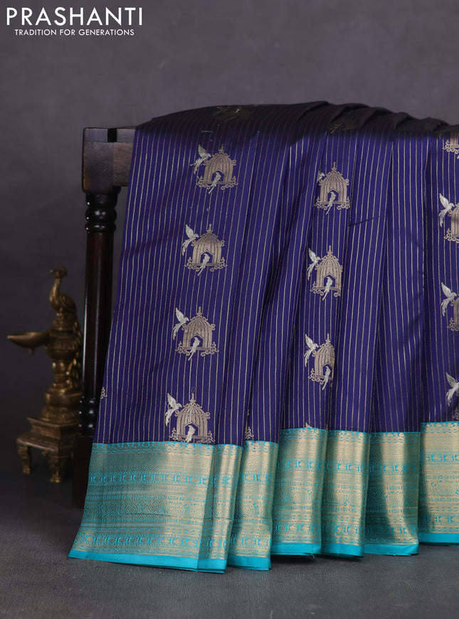 Pure kanchipuram silk saree navy blue and teal green with allover zari weaves & buttas and zari woven korvai border