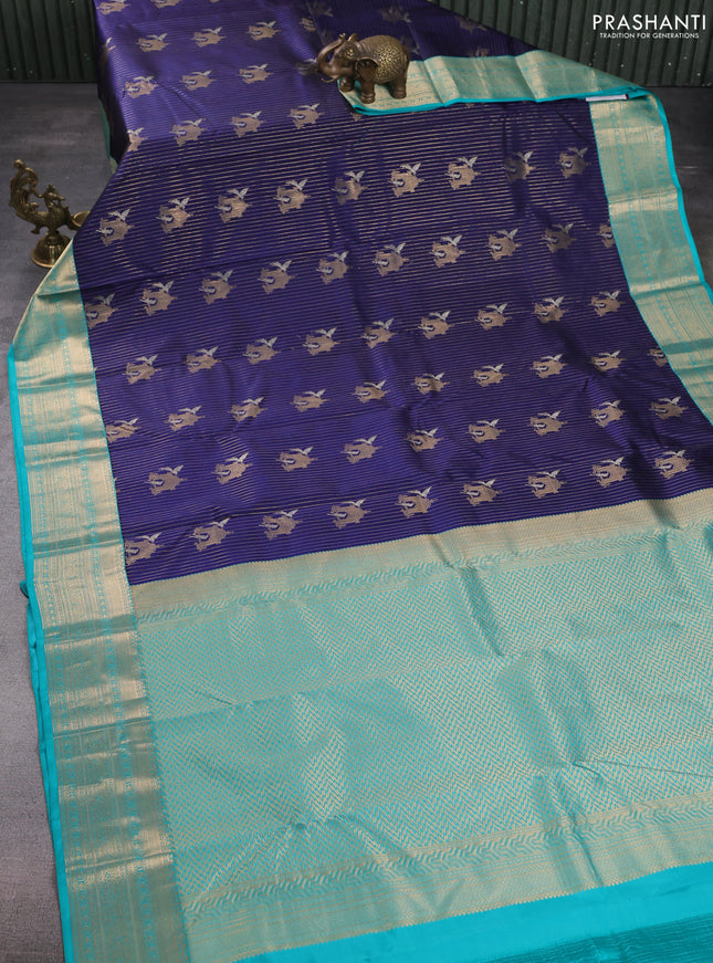 Pure kanchipuram silk saree navy blue and teal green with allover zari weaves & buttas and zari woven korvai border