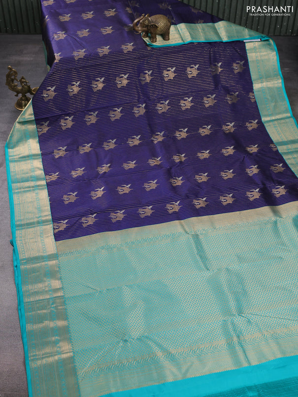 Pure kanchipuram silk saree navy blue and teal green with allover zari weaves & buttas and zari woven korvai border