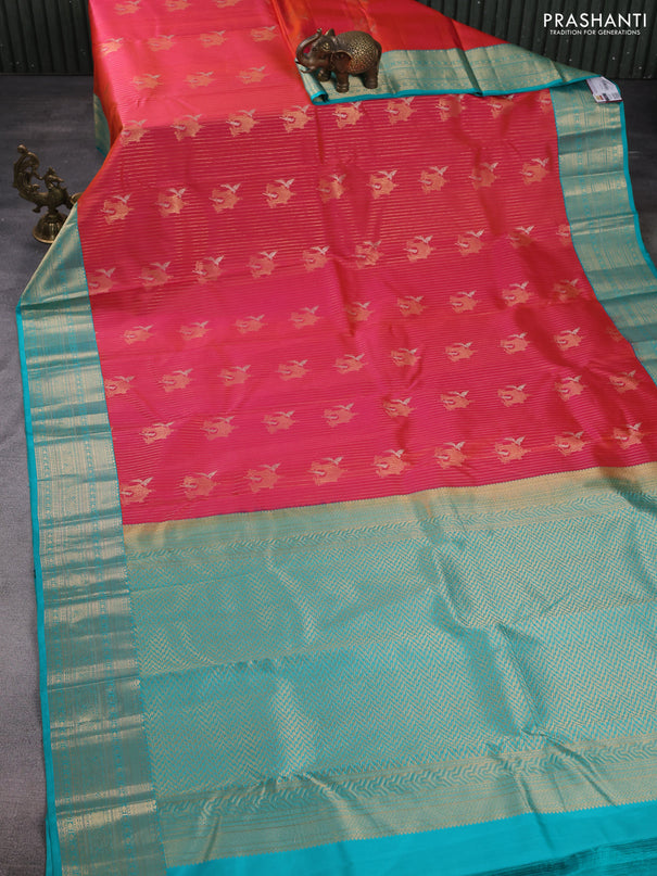 Pure kanchipuram silk saree dual shade of reddish pink and teal green with allover zari weaves & buttas and zari woven korvai border