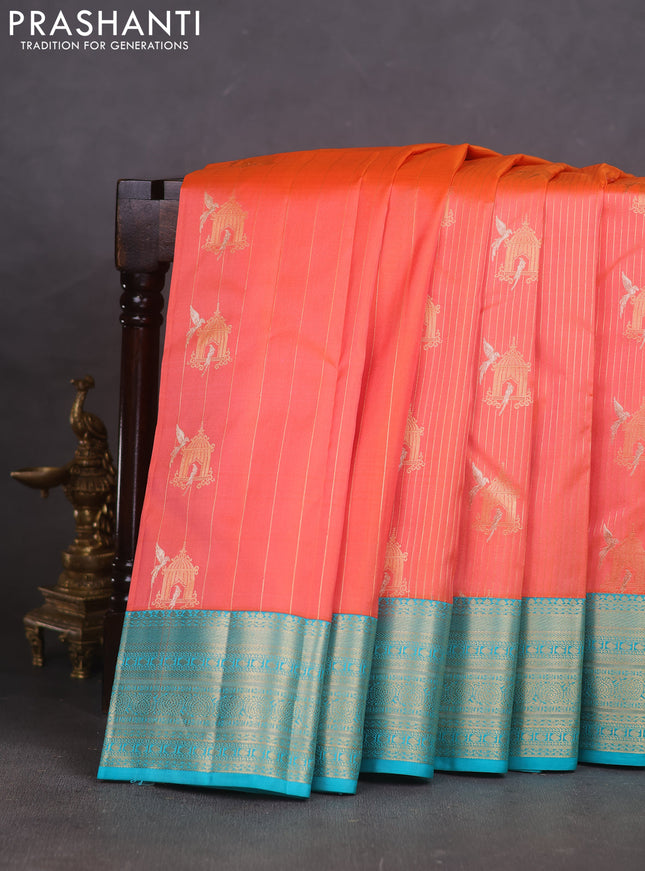 Pure kanchipuram silk saree orange and teal green with allover zari weaves & buttas and zari woven korvai border