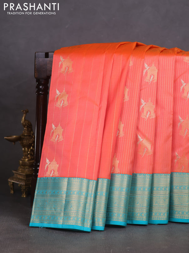 Pure kanchipuram silk saree orange and teal green with allover zari weaves & buttas and zari woven korvai border
