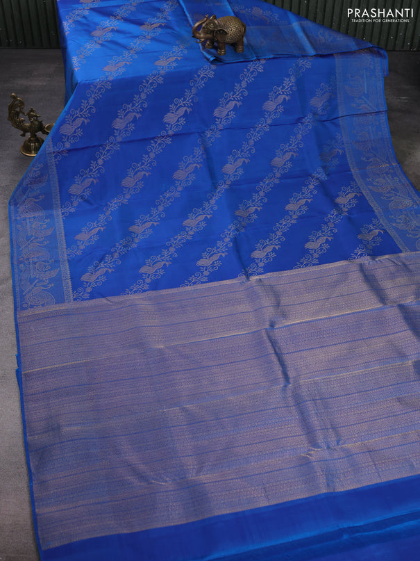 Pure kanchipuram silk saree teal blue with allover peacock zari weaves and peacock zari woven border