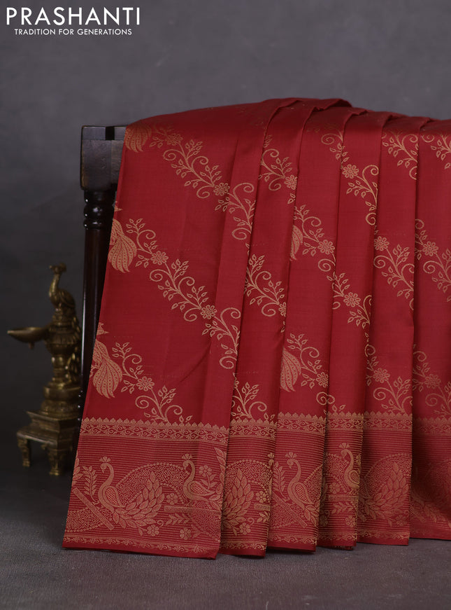 Pure kanchipuram silk saree maroon with allover peacock zari weaves and peacock zari woven border