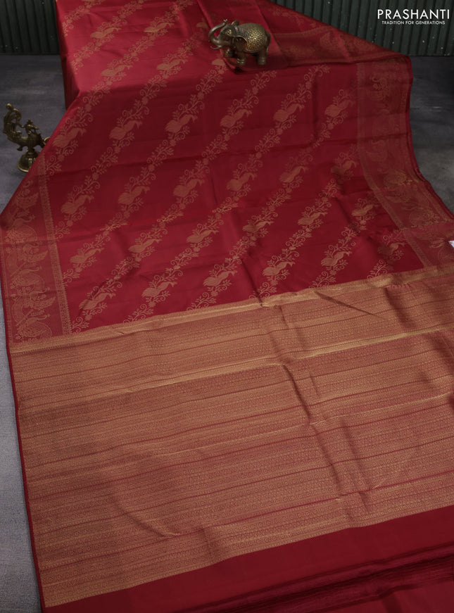 Pure kanchipuram silk saree maroon with allover peacock zari weaves and peacock zari woven border