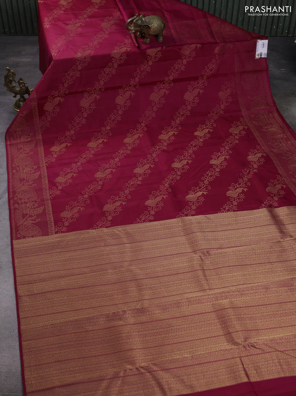 Pure kanchipuram silk saree magenta pink with allover peacock zari weaves and peacock zari woven border