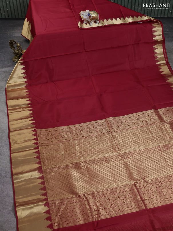 Pure kanchipuram silk saree red with plain body and rich temple zari woven border