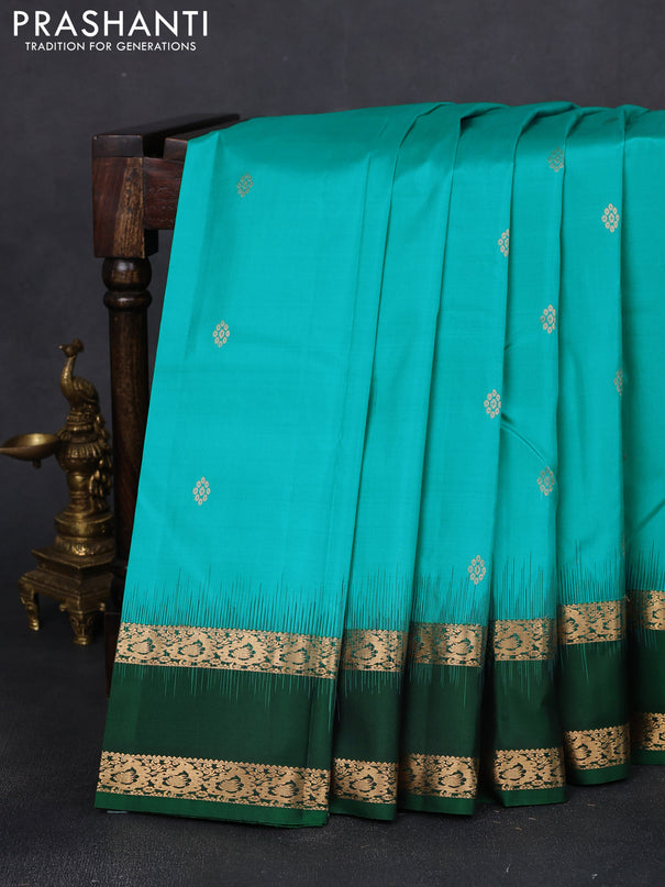 Pure kanchipuram silk saree teal blue and green with zari woven buttas and rettapet zari woven border