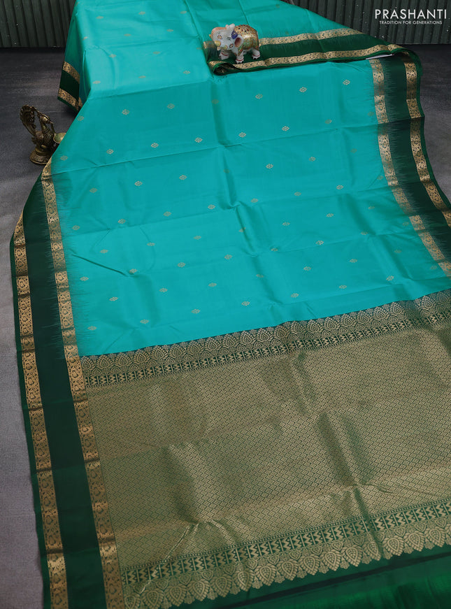 Pure kanchipuram silk saree teal blue and green with zari woven buttas and rettapet zari woven border