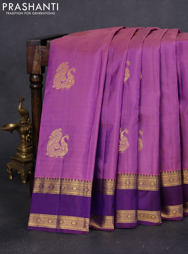 Pure kanchipuram silk saree dual shade of purple and deep purple with annam zari woven buttas and rettapet zari woven border