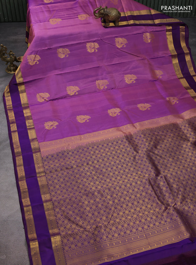 Pure kanchipuram silk saree dual shade of purple and deep purple with annam zari woven buttas and rettapet zari woven border