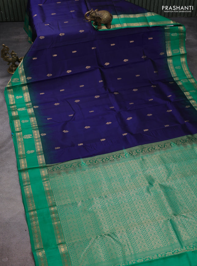 Pure kanchipuram silk saree blue and teal green with floral zari woven buttas and rettapet zari woven butta border
