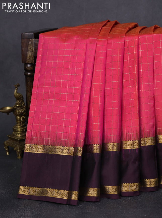 Pure kanchipuram silk saree dual shade of pink and wine shade with allover checked pattern and rettapet zari woven border