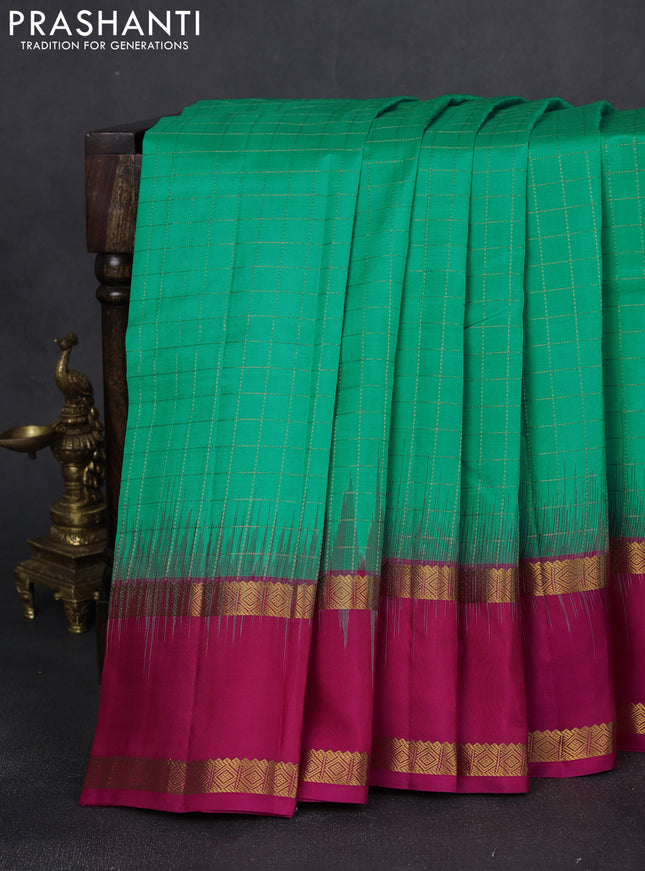 Pure kanchipuram silk saree teal green and pink with allover checked pattern and rettapet zari woven border