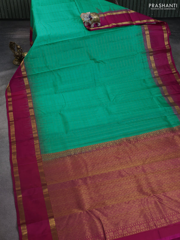 Pure kanchipuram silk saree teal green and pink with allover checked pattern and rettapet zari woven border