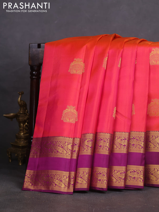 Pure kanchipuram silk saree red and purple with zari woven buttas and rettapet zari woven border