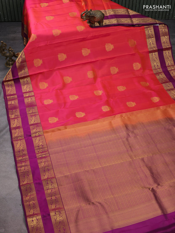 Pure kanchipuram silk saree red and purple with zari woven buttas and rettapet zari woven border