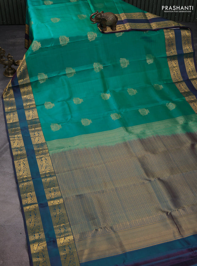 Pure kanchipuram silk saree teal green and dual shade of purple with zari woven buttas and rettapet zari woven border