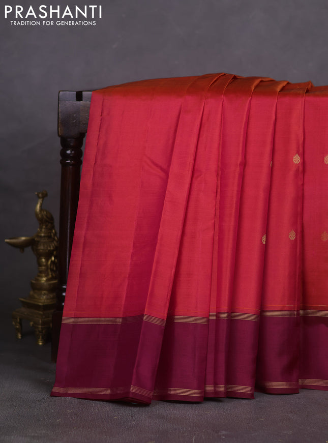 Pure kanchipuram silk saree dual shade of pink and deep maroon with zari woven buttas and rettapet zari woven border