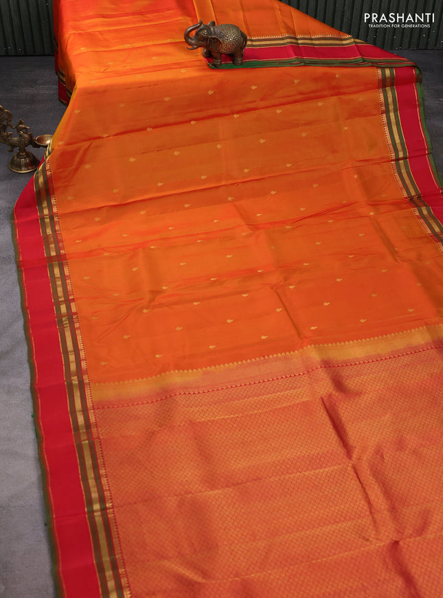 Pure kanchipuram silk saree orange and red with zari woven buttas and rettapet zari woven border