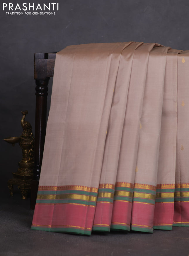 Pure kanchipuram silk saree beige and red with zari woven buttas and rettapet zari woven border