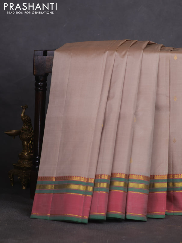 Pure kanchipuram silk saree beige and red with zari woven buttas and rettapet zari woven border