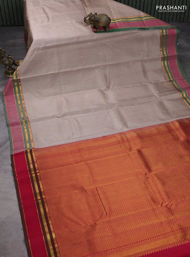Pure kanchipuram silk saree beige and red with zari woven buttas and rettapet zari woven border