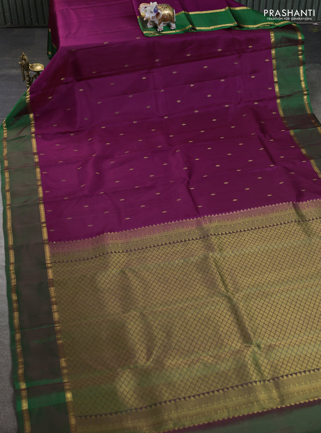 Pure kanchipuram silk saree purple and green with zari woven buttas and rettapet zari woven border