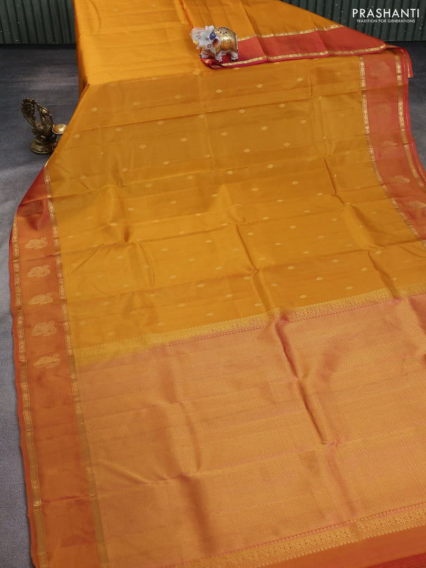 Pure kanchipuram silk saree mustard yellow and dual shade of pink with zari woven buttas and rettapet zari woven paisley butta border