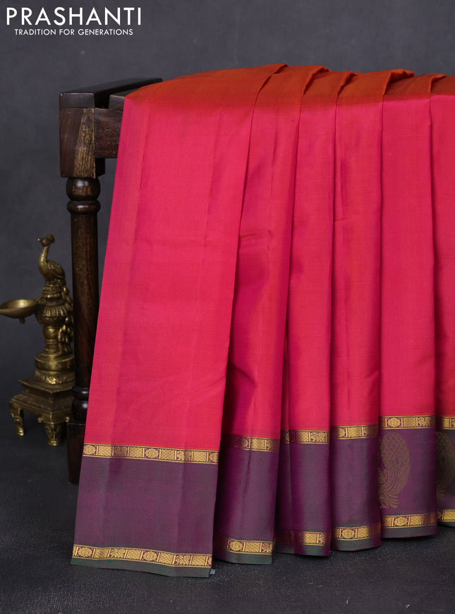 Pure kanchipuram silk saree reddish pink and dual shade of purple with zari woven buttas and rettapet zari woven annam butta border