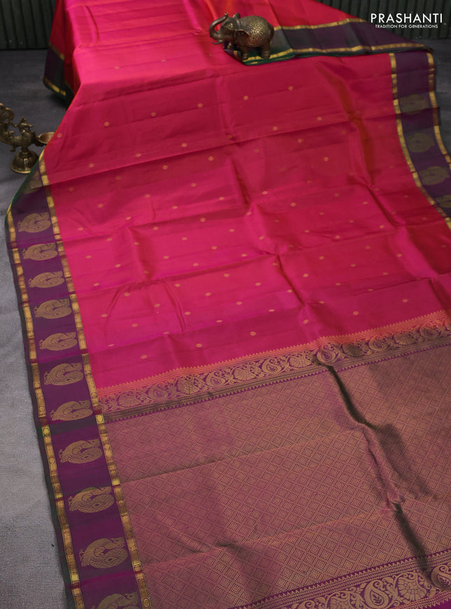 Pure kanchipuram silk saree reddish pink and dual shade of purple with zari woven buttas and rettapet zari woven annam butta border