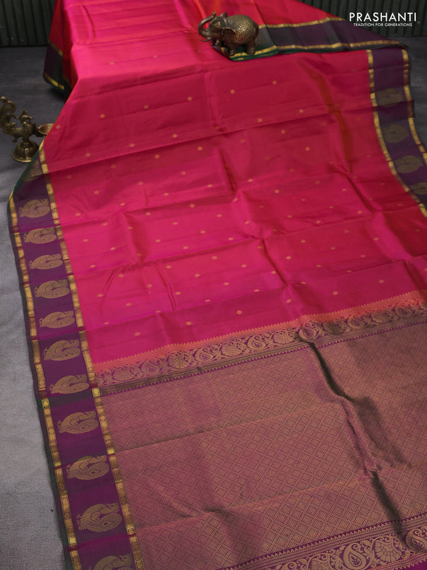 Pure kanchipuram silk saree reddish pink and dual shade of purple with zari woven buttas and rettapet zari woven annam butta border