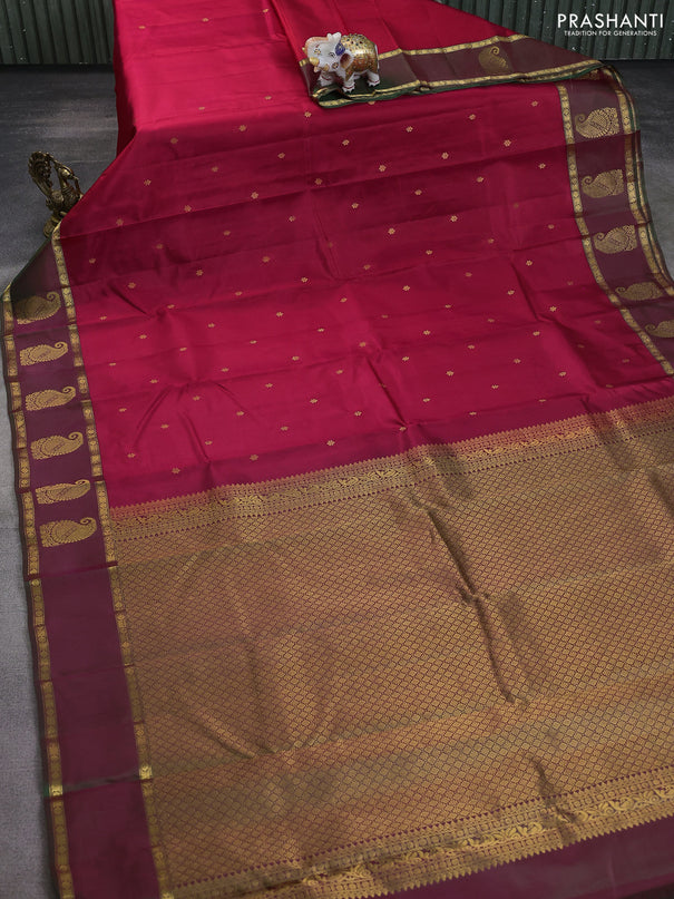Pure kanchipuram silk saree maroon and dual shade of greenish maroon with allover zari woven buttas and rettapet zari woven paisley butta border