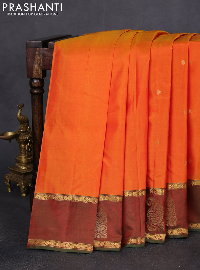 Pure kanchipuram silk saree orange and green with zari woven buttas and rettapet zari woven paisley butta border