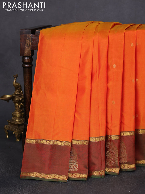 Pure kanchipuram silk saree orange and green with zari woven buttas and rettapet zari woven paisley butta border