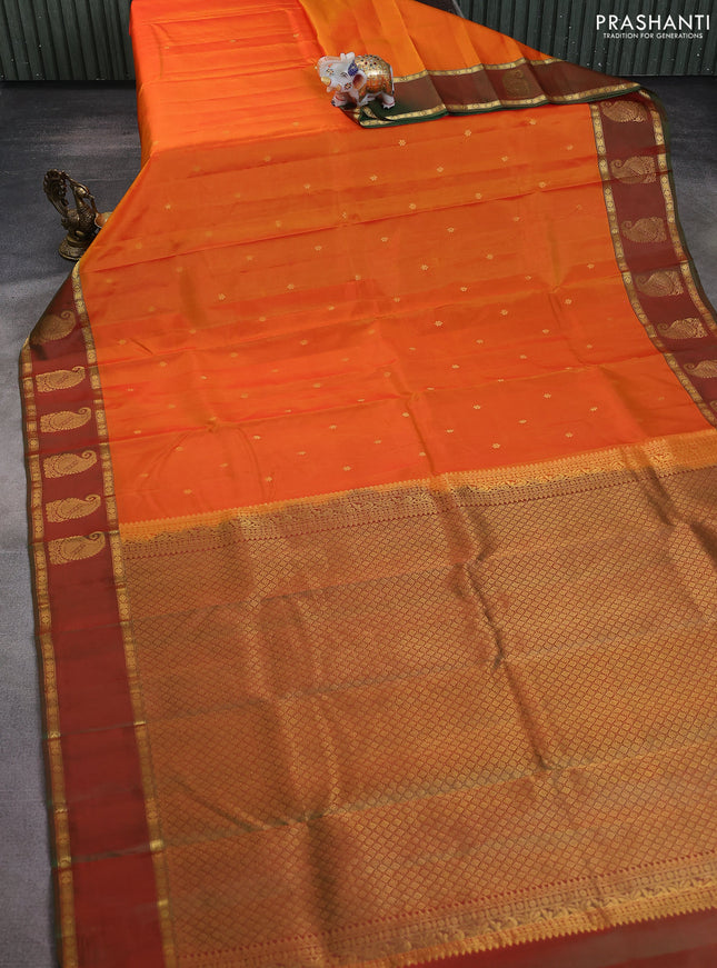 Pure kanchipuram silk saree orange and green with zari woven buttas and rettapet zari woven paisley butta border