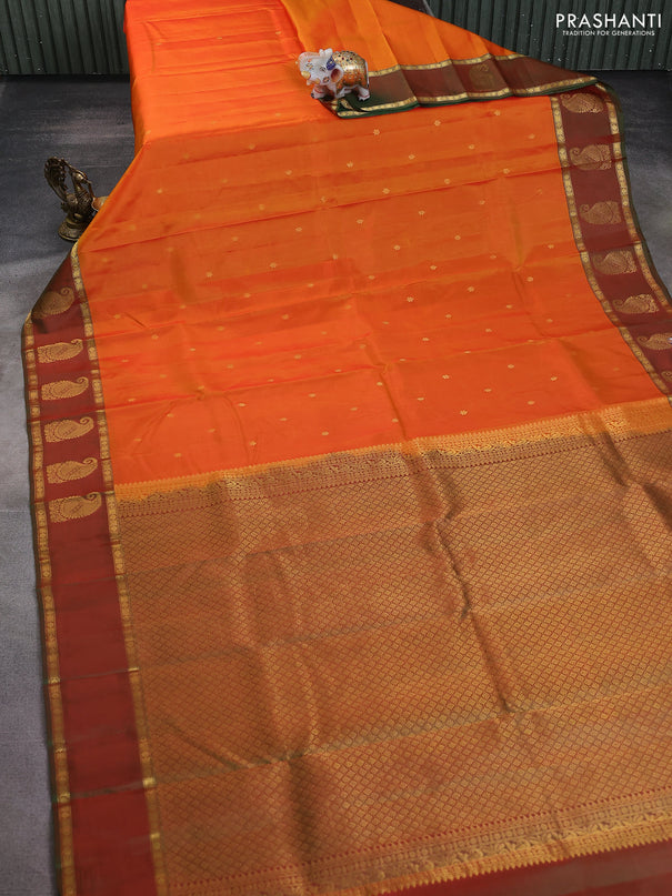 Pure kanchipuram silk saree orange and green with zari woven buttas and rettapet zari woven paisley butta border