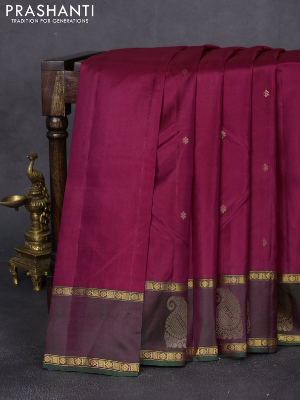 Pure kanchipuram silk saree magenta pink and dual shade of greenish maroon with zari woven buttas and rettapet zari woven paisley butta border