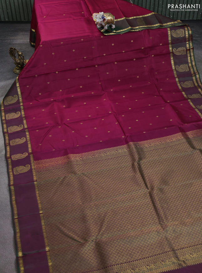 Pure kanchipuram silk saree magenta pink and dual shade of greenish maroon with zari woven buttas and rettapet zari woven paisley butta border