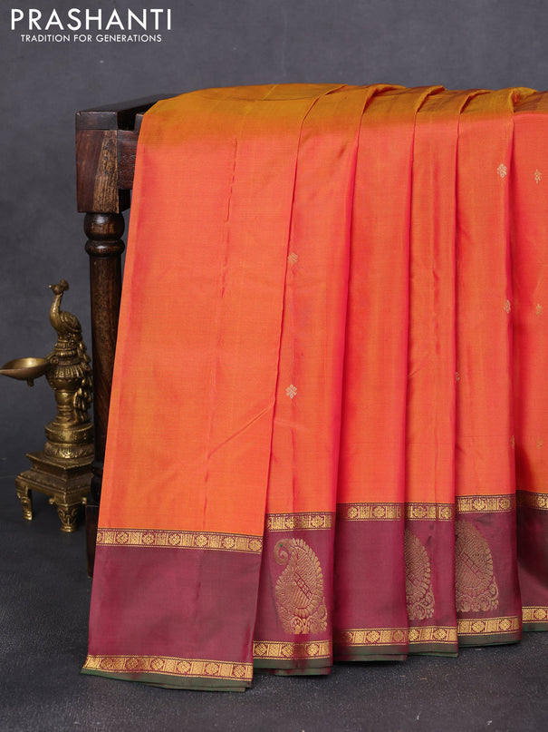 Pure kanchipuram silk saree sunset orange and dual shade of greenish maroon with zari woven buttas and rettapet zari woven paisley butta border