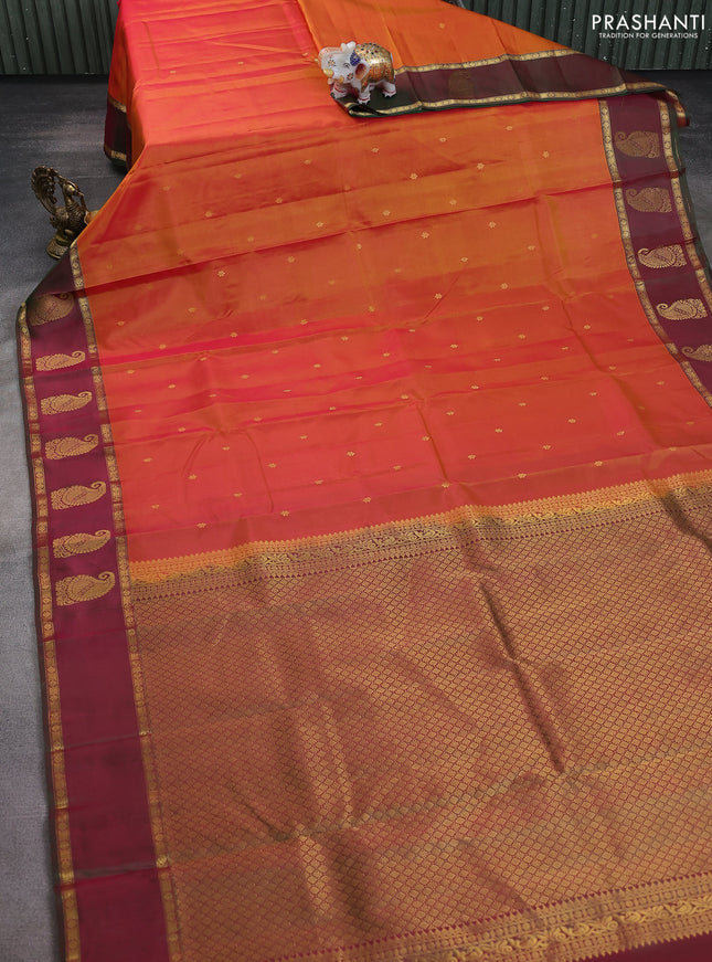 Pure kanchipuram silk saree sunset orange and dual shade of greenish maroon with zari woven buttas and rettapet zari woven paisley butta border