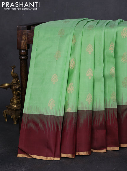 Pure kanchipuram silk saree pista green and wine shade with zari woven buttas and simple zari woven border