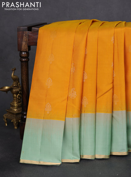 Pure kanchipuram silk saree yellow and pastel green with zari woven buttas and simple zari woven border