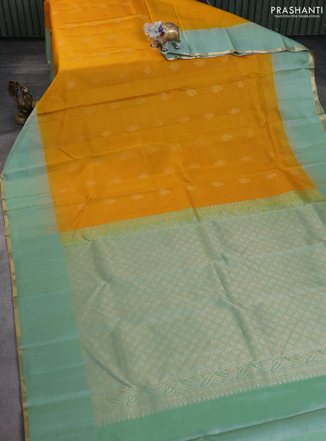 Pure kanchipuram silk saree yellow and pastel green with zari woven buttas and simple zari woven border
