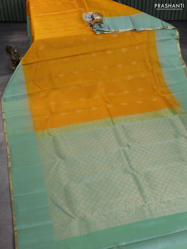 Pure kanchipuram silk saree yellow and pastel green with zari woven buttas and simple zari woven border