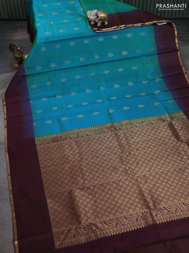 Pure kanchipuram silk saree teal blue and coffee brown with zari woven buttas and simple zari woven border