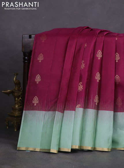 Pure kanchipuram silk saree purple and pastel green with zari woven buttas and simple zari woven border