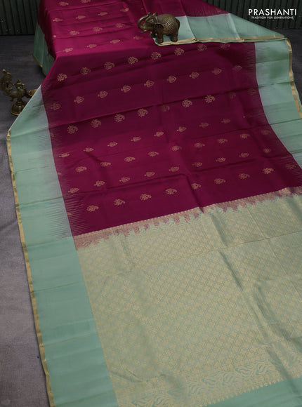 Pure kanchipuram silk saree purple and pastel green with zari woven buttas and simple zari woven border