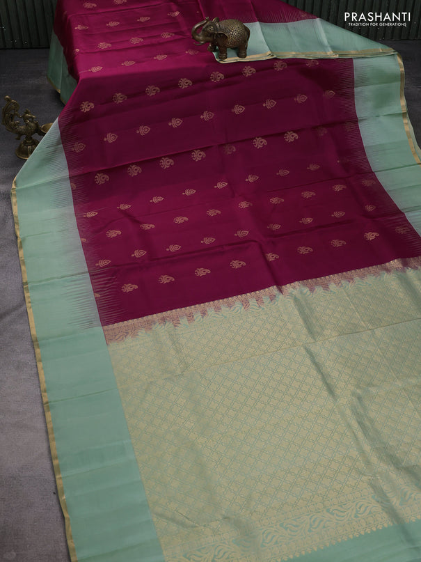 Pure kanchipuram silk saree purple and pastel green with zari woven buttas and simple zari woven border