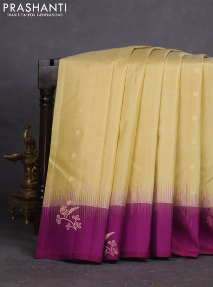 Pure kanchipuram silk saree cream and purple with zari woven buttas and zari woven butta border